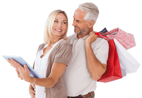 Smiling Mature Caucasian Couple with Tablet and Shopping Bags Transparent Background
