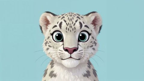 Cute cartoon snow leopard with big eyes on blue background