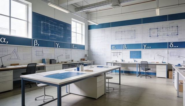 Modern Architecture Studio Featuring Central Drafting Table and Expansive Blueprint Walls