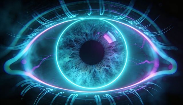 Cybernetic iris pulsing neon cyan and magenta, futuristic halo and neural filaments