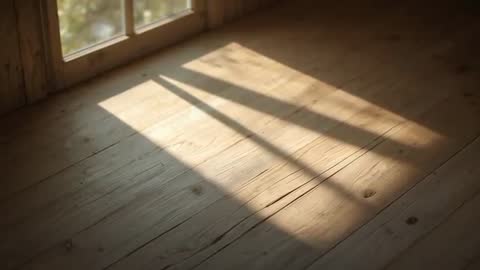 Sunlight Sliding Across Rustic Wood Floor Through Window Muntin Shadow