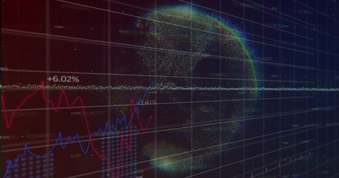 Holographic 3d globe rotating with neon financial line charts and virtual analytics grid