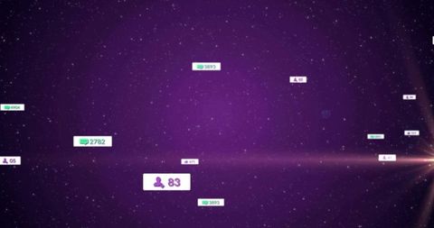 Floating social notifications across purple starfield interface with user count badge
