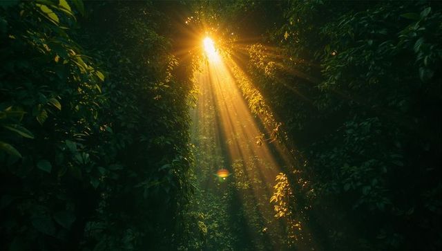 Golden sunlight streaming through lush forest canopy