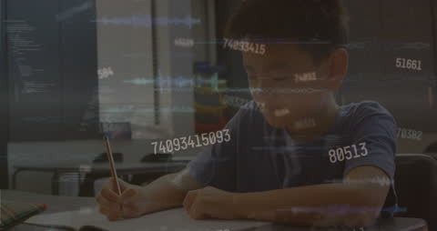 Asian Boy Immersed in Studying with Digital Numbers Overlay