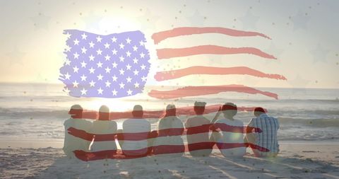 Joyful Group of Friends Enjoying Beach with American Flag Overlay