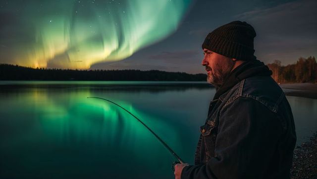 Bearded angler standing lakeside under vibrant northern lights with fishing rod