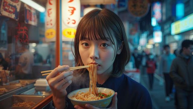 Young Woman Enjoying Steaming Noodles at Neon-Lit Night Market