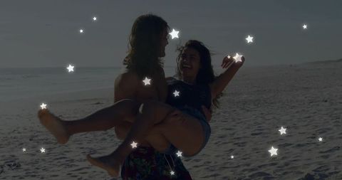 Romantic Beach Adventure with Stars Surrounding Happy Couple