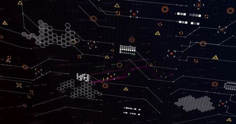 Futuristic Network Dashboard Showing Hex Cluster Mapping and Candlestick Trading Analytics
