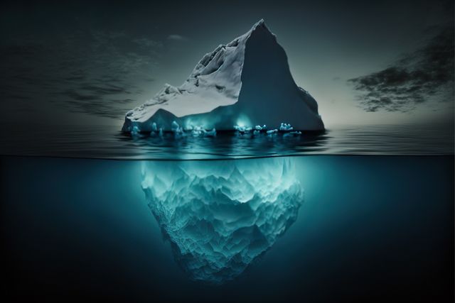 Composition of iceberg reflected in blue sea over night sky, created using generative ai technology. Nature and icebergs concept digitally generated image.