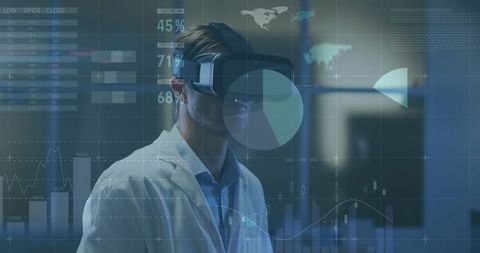 Research Scientist with VR Headset Analyzing Holographic Data in Laboratory