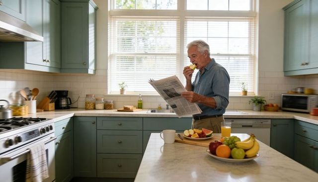 Senior man reading newspaper while eating apple in sunlit modern kitchen
