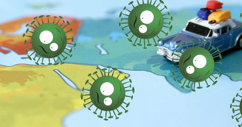 Cartoon Virus over World Map Highlights Travel and Health - Download Free Stock Images Pikwizard.com