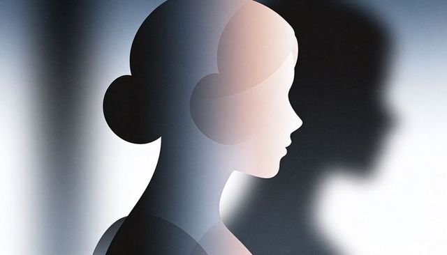 Layered translucent female profile silhouette with geometric gradients and soft shadow