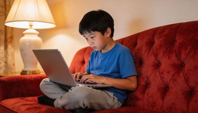 Young asian boy typing on laptop sitting on red tufted sofa at home for online learning