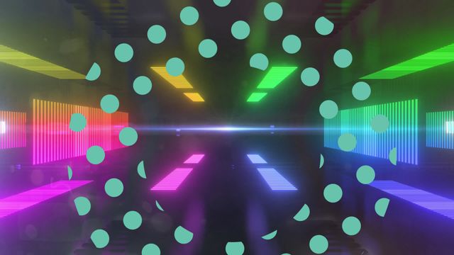 Colorful animation featuring green dots against a background of neon lights in black space. Useful for digital presentations, technology displays, futuristic themes, visual effects, and creative projects involving abstract and modern design. Ideal for multimedia content needing a vibrant and dynamic visual.