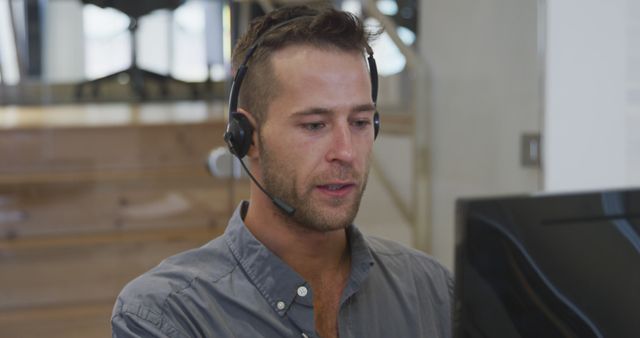 Young Caucasian man works at his office desk, wearing a headset. His focused expression suggests he's engaged in customer support or telecommunication.