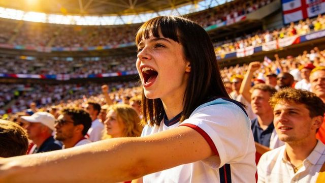 Young female football fan shouting and cheering in sunlit stadium crowd