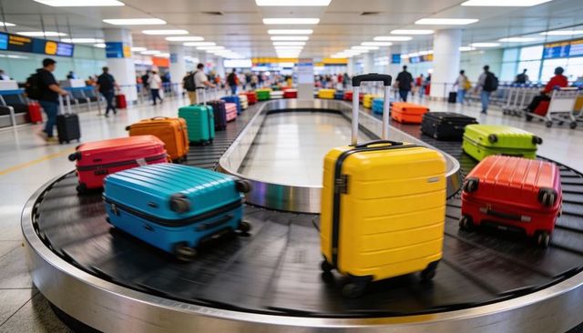 Colorful suitcases rolling on airport baggage carousel with busy passengers waiting