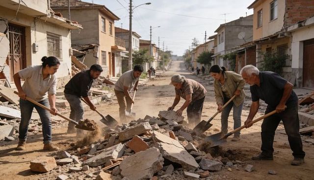 Neighbors clearing rubble and shoveling debris on damaged street, community cleanup