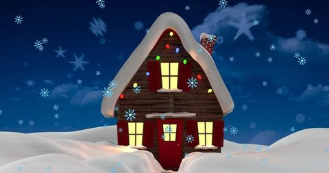 Snowflakes Falling on Cozy Christmas House at Night