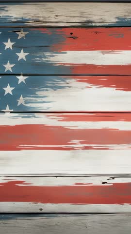 Vertical video capturing distressed American flag painted on rustic wooden planks