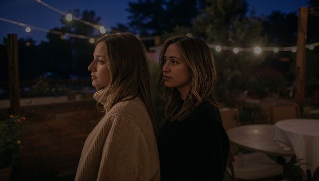 Two women standing on patio at dusk under string lights facing left, contemplative duo