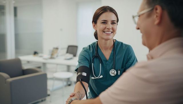 Smiling nurse checking patient blood pressure and taking vitals in modern clinic