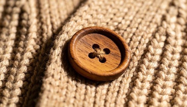 Tan ribbed knit with wooden button macro closeup, warm texture and woodgrain detail