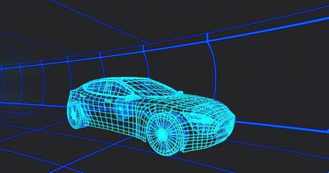 Neon Wireframe Sedan Visualization Inside Futuristic Blue Grid Tunnel for Automotive Tech