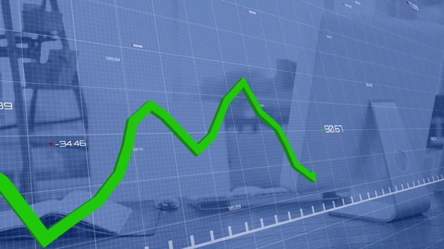 An animated green line graph ascends and descends overlaid against a faint office workspace spattered with gadgets and papers, suggesting financial analysis and economic trends. Suitable for illustrating business reports, financial services intros, technology-driven environments, and growth trajectory presentations.