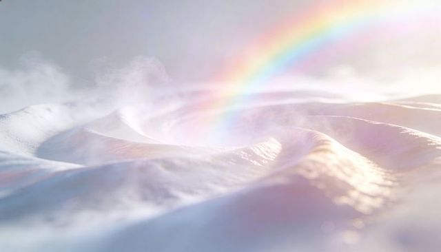Iridescent pastel foam swirling into central dimple with rainbow arc and soft mist