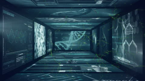Futuristic Data Processing in Digital Tunnel with DNA Visualization