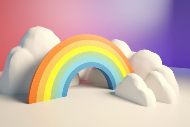 Dreamy scene with multicolored rainbow and puffy white clouds appeals to children and environments alike. Suitable for children's room decoration, kid's educational materials, greeting cards, TV shows, advertisements, articles and designs emphasizing positivity and whimsy
