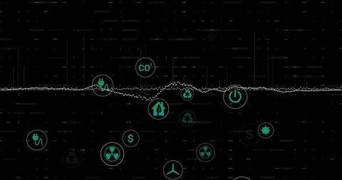 Digital Dashboard with Futuristic Energy Icons and Waveform Analysis
