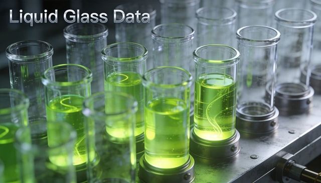 Futuristic neon green vials on lab bench conveying liquid glass data technology