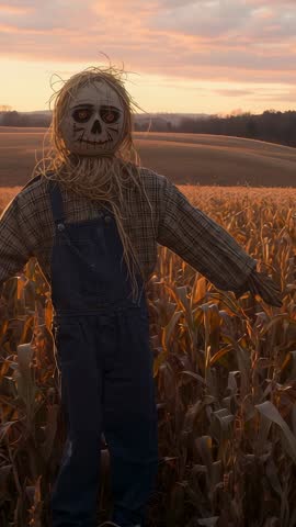Vertical push-in on eerie scarecrow in cornfield at sunset revealing red glowing eye