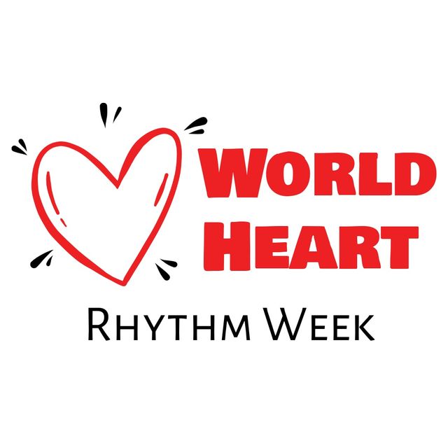 Vector image of world heart rhythm week text by red heart shape and copy space on white background. digital composite, healthcare and awareness concept.