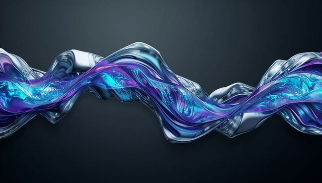 Twisting Glass-Metal Ribbon Flowing with Cyan Violet Marbling and Chrome Sheen Abstract