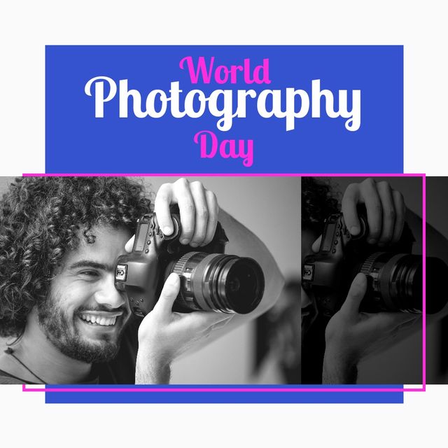 Young biracial male photographer smiling while holding his camera, perfect for blogs and campaigns celebrating World Photography Day, banners, social media posts, and event promotions in the photography community.