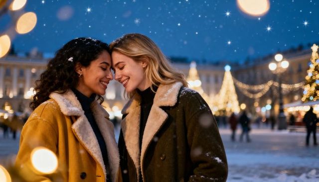 Romantic couple embracing under festive lights in snowy christmas market at night