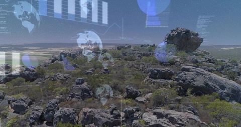 Rocky granite outcrop overlooking farmland with translucent global data overlays and hud analytics