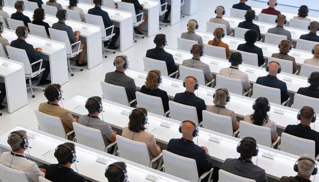 Corporate audience wearing headsets listening during modern conference at white desks