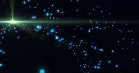 Streaming blue-green cosmic particles across deep space with lens flare