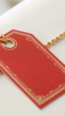 Vertical video capturing rotating red gift tag with gold eyelet and chain