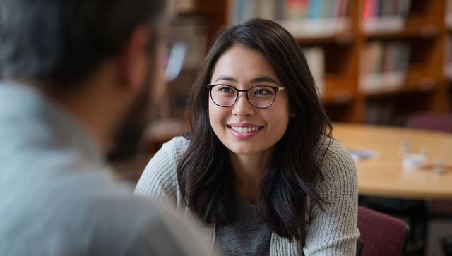 Smiling asian woman with glasses engaging in study conversation with tutor in library