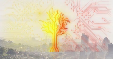 Harmony of technology and nature symbolized by digital tree in cityscape
