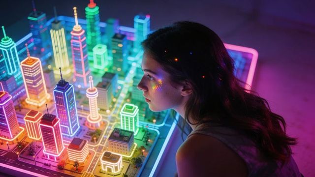 Woman studying neon miniature cityscape tabletop model, futuristic cyberpunk glow