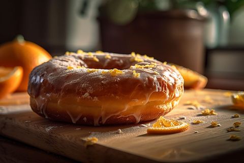 Glazed orange donut on wooden surface with zest topping